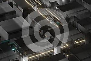 Steel frame and glowing cubes, 3d rendering