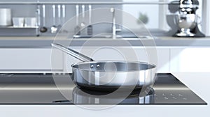 A steel frying pan sits on an electric induction hob in a modern kitchen, Ai Generated