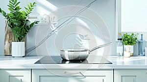 A steel frying pan sits on an electric induction hob in a modern kitchen, Ai Generated