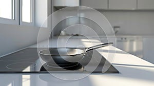 A steel frying pan sits on an electric induction hob in a modern kitchen, Ai Generated