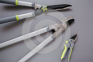 Steel Garden tool set on gray background.Secateurs, loppers and hedge trimmers.Garden equipment and tools.Tools for