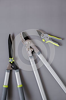 Steel Garden tool set .Secateurs, loppers and hedge trimmers.Garden equipment and tools.Tools for pruning and trimming