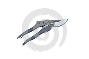 Steel gardening secateurs, scissors tool with gray grip for pruning of fruits, garden work, isolated on white background. Close