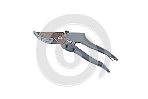 Steel gardening secateurs, scissors tool with gray grip for pruning of fruits, garden work, isolated on white background. Close