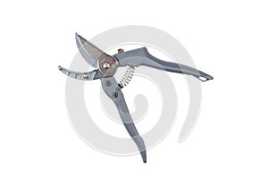 Steel gardening secateurs, scissors tool with gray grip for pruning of fruits, garden work, isolated on white background. Open