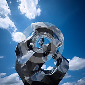 Steel and Glass Abstract Sculpture Against Blue Sky