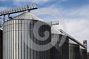 Steel grain storage silos with a conical bottom can be used for various purposes. Industrial facilities of feed and flour mills photo