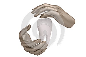 Steel hands keeping holding or protecting tooth,3D illustration.