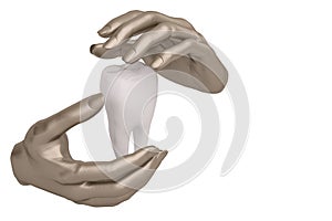 Steel hands keeping holding or protecting tooth,3D illustration.