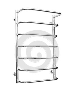 Steel heated towel rail on white background