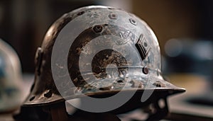 Steel helmet, ancient armor, protective military headwear generated by AI