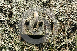 A steel hook in the concrete wall of the airlock, covered with mud.