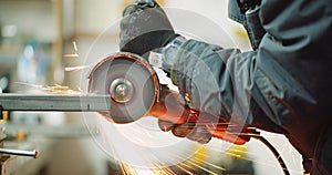 Steel Industry - Man using Angle Grinder Grinding Metal Object.