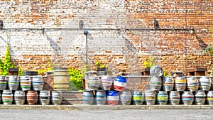 Steel kegs of beer in factory yard