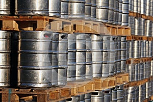 steel kegs on the wooden palettes