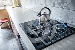 Steel kettle with whistle on modern burning gas stove