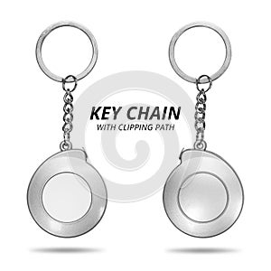 Steel key chain isolated on white background. Blank key ring in measuring tape concept.  Clipping path