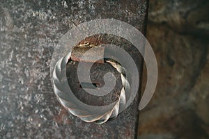 Steel knock door ring close up.