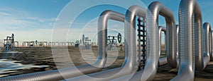 Steel long pipes in crude oil factory during sunset. 3d rendering