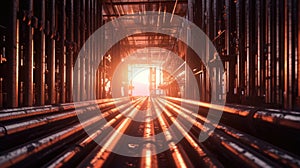 Steel long pipes in crude oil factory during sunset. Generative Ai