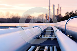 Steel long pipes in crude oil factory during sunset