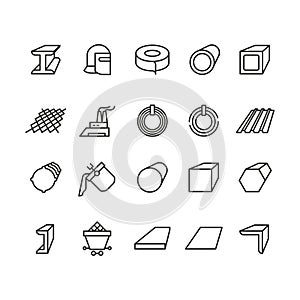 Steel material products line vector icons. Steel pipe and beam metallurgy outline pictograms