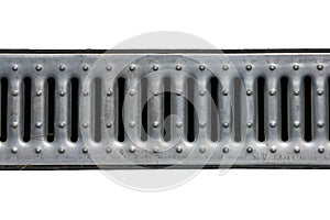 Steel metal grey galvanized zinced drainage grate of drainage canal isolated on white background closeup photo