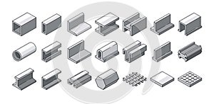 Steel Metal Products Vector Icons Set. Pipes, Beams, Bars, Girder Structures. Iron, Stainless Metallurgy Industry Items