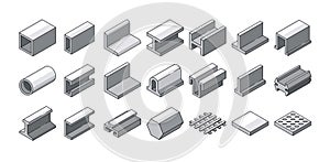 Steel Metal Products Vector Icons Set. Pipes, Beams, Bars, Girder Structures. Iron, Stainless Metallurgy Industry Items photo