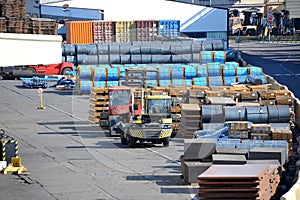 Steel metal sheet and roll in port