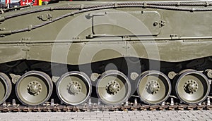 Steel Military tank, detail of tracks or wheels of the off-road