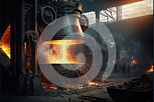 Steel mill factory, molten metal in vat, metallurgical industry