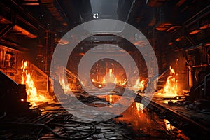 Steel mill interior, fire burn inside foundry of metallurgical plant