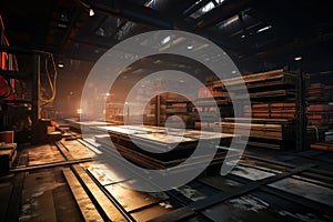 Steel mill interior, stacks of metal production in warehouse of metallurgical plant. Inside dark large storage of iron cast