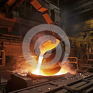 steel mill working pouring large pot of molten metal