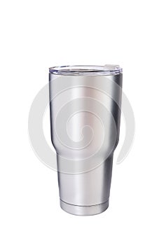 Steel mug for keep temperature on white background with clipping path