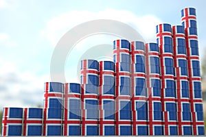 Steel oil drums with flag of Iceland form increasing chart or upwards trend. Petrochemical industry growth concept, 3D