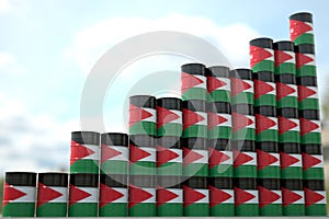 Steel oil drums with flag of Jordan form increasing chart or upwards trend. Petrochemical industry growth concept, 3D