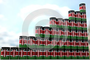Steel oil drums with flag of Kenya form increasing chart or upwards trend. Petrochemical industry growth concept, 3D
