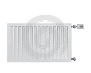 Steel panel radiator on white background. Electronic thermal head with a display. Connection to the right side.