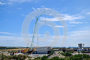 Steel parts of bridge structure. Construction of a road junction