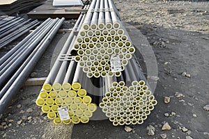 Steel pipes for fire fighting system and extinguishing water lines in industrial building. Paint shop.