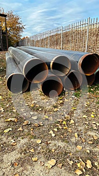 Steel pipes group for industry material Product of engineering construction Factory equipment iron tubes metal warehouse