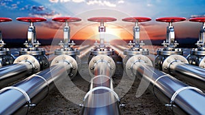 Steel pipes are laid in far away towards to a sunset landscape, pipeline concept,