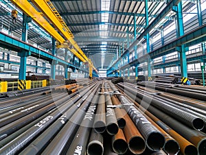 Steel pipes stacked inside factory