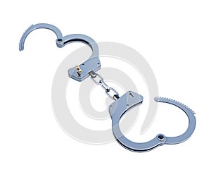 Steel police handcuffs over white