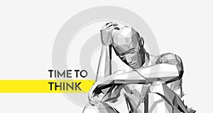 A steel polygonal man sculpture in thinker pose. 3D vector illustration