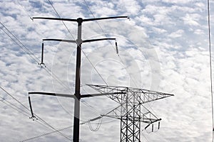 A steel power pylon with power lines on a cloudy day photo