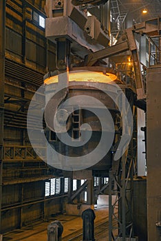 Steel production in electric furnaces. Sparks of molten steel.  Metallurgical production, heavy industry, engineering, steelmaking