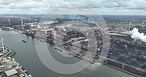 Steel production factory and blast furnace. Aerial drone view made in Ghent, Belgium. Metal production.